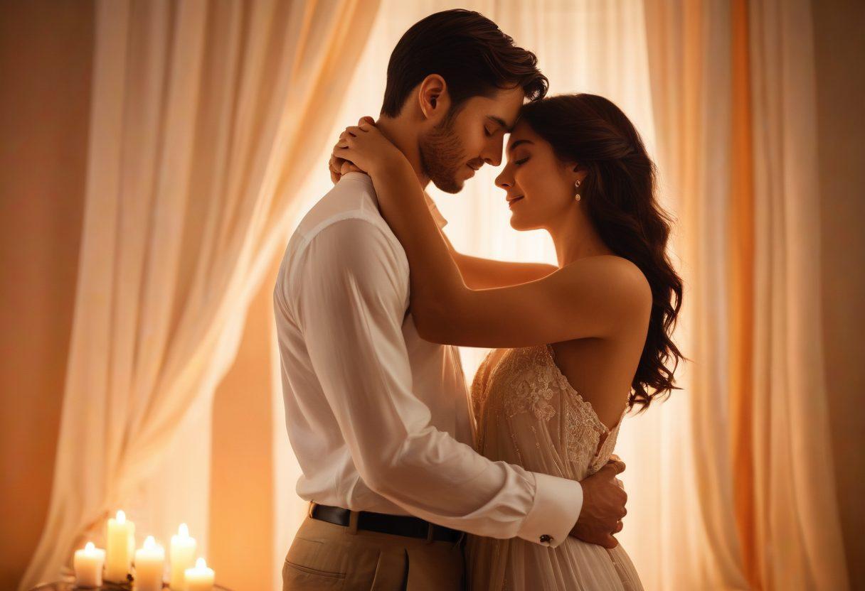 A beautifully lit intimate setting, featuring a couple engaging in sensual exploration, surrounded by soft drapes and candles. The focus is on their tender expressions and gentle touch, with delicate floral accents symbolizing love and desire. Ethereal light patterns play across the scene, creating a warm, inviting ambience. The colors should be rich and inviting, evoking a sense of closeness and passion. painting. warm tones. soft focus.