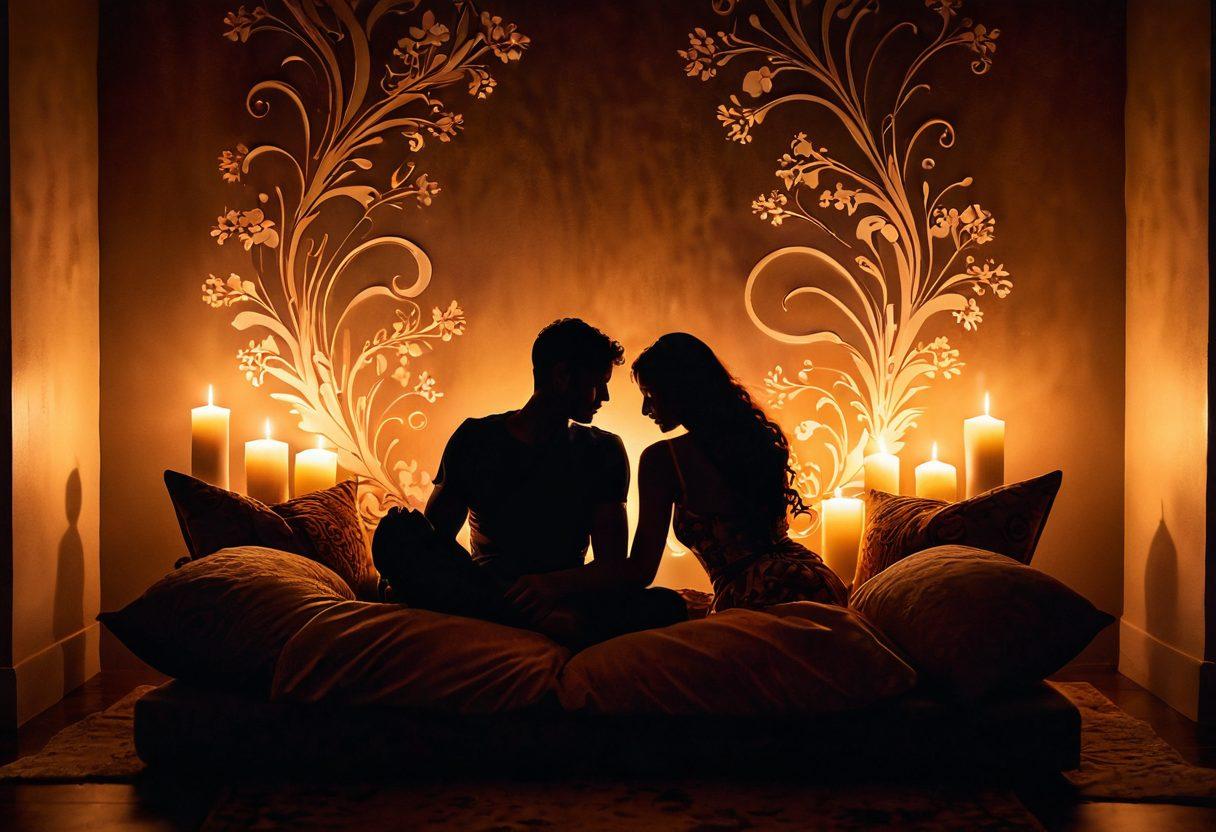 A visually intimate scene depicting a warm candlelit room, with two silhouetted figures embracing, surrounded by soft pillows and luxurious textures. The background features abstract swirls symbolizing deep emotions and passion. Subtle hints of floral patterns infuse the air with romance, while shadows play around to illustrate the closeness of the adult relationship. soft focus, romantic lighting, vibrant colors, 3D.