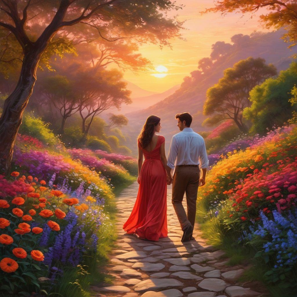 A beautifully intertwined representation of two individuals in a lush, vibrant landscape, showcasing a journey through a winding path filled with blooming flowers symbolizing passion. Include elements of seduction, like subtle glances and suggestive body language, leading to a serene destination that represents satisfaction. The background should feature soft, ambient lighting and hints of sunset, creating a warm and inviting atmosphere. The image should evoke emotion, connection, and growth in relationships. painting. vibrant colors. romantic ambiance.